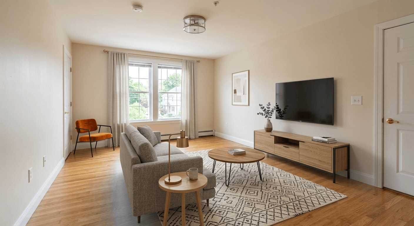Photorealistic AI virtually staged living room showcasing modern lifestyle to attract tenants faster