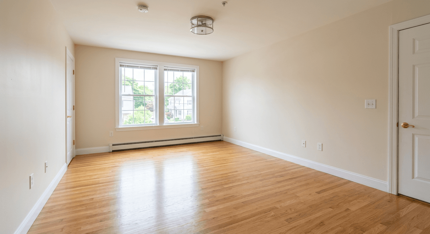 Empty, uninspiring investment property room before virtual staging by AI-Architectures