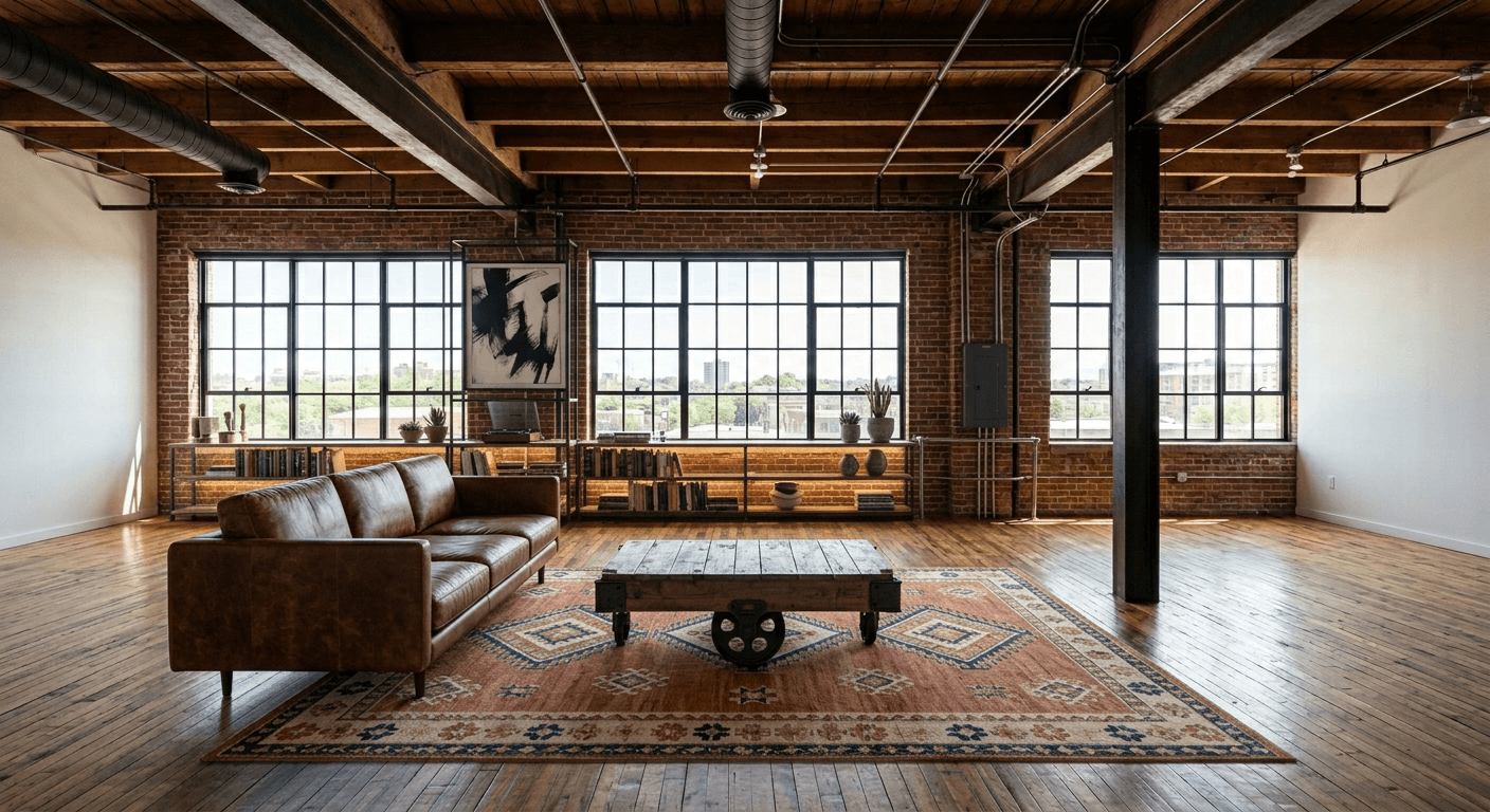 Virtually staged industrial loft with urban-chic furniture, warm lighting, and defined living spaces