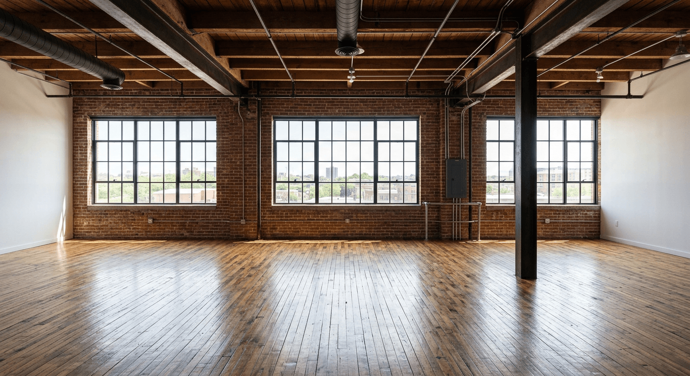 Empty raw industrial loft space with exposed brick and concrete floors before AI virtual staging