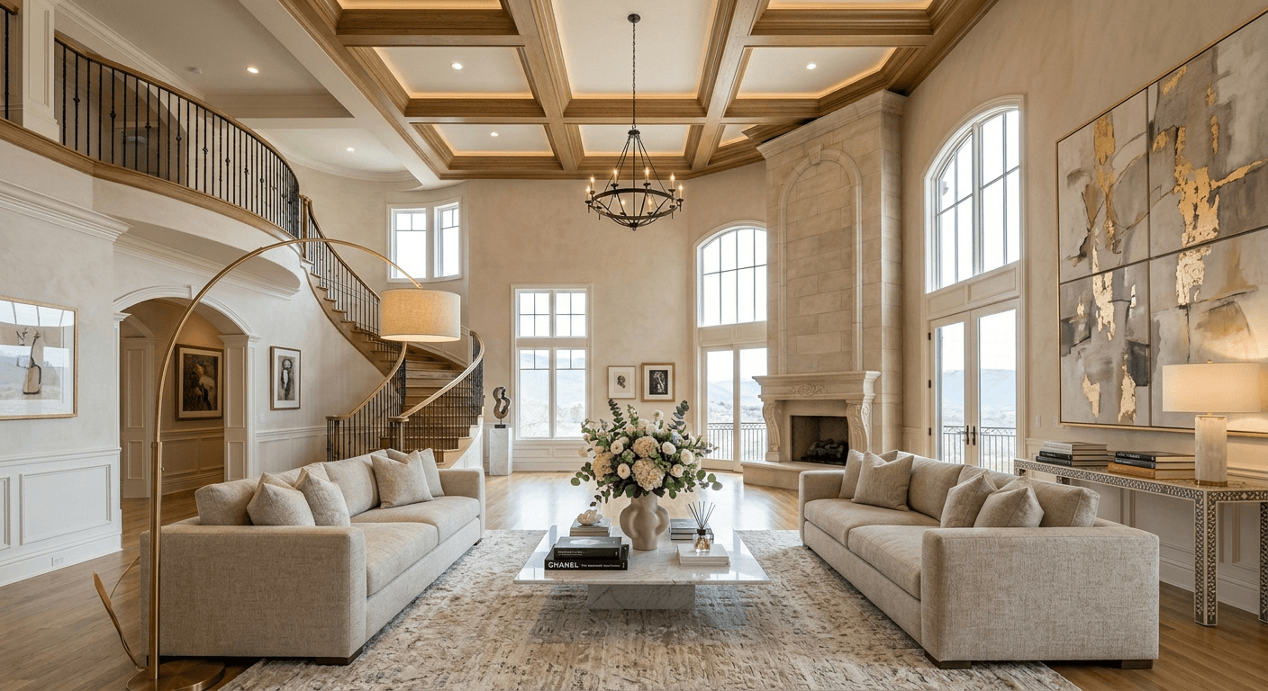 Photorealistic AI staged luxury living room with high-end designer furniture