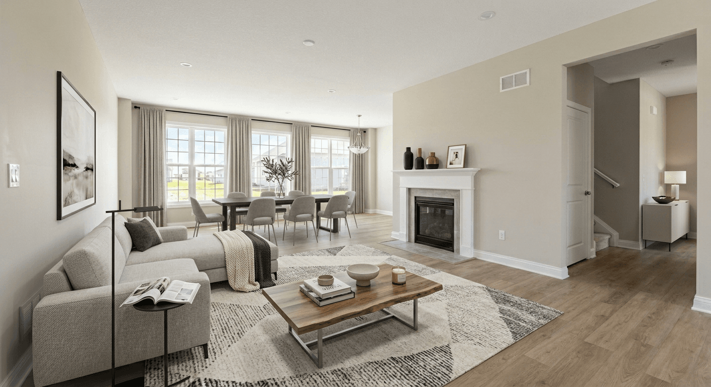 Beautifully virtually staged new construction living room with modern furniture, warm lighting, and contemporary decor