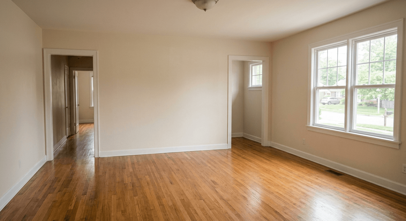 AI reverse staged room showing a completely empty space, with furniture removed and underlying architectural elements reconstructed.