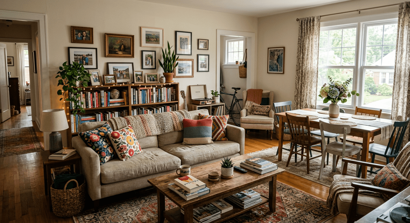 Original room photo with existing furniture, decor, and staging that needs to be removed for renovation planning.