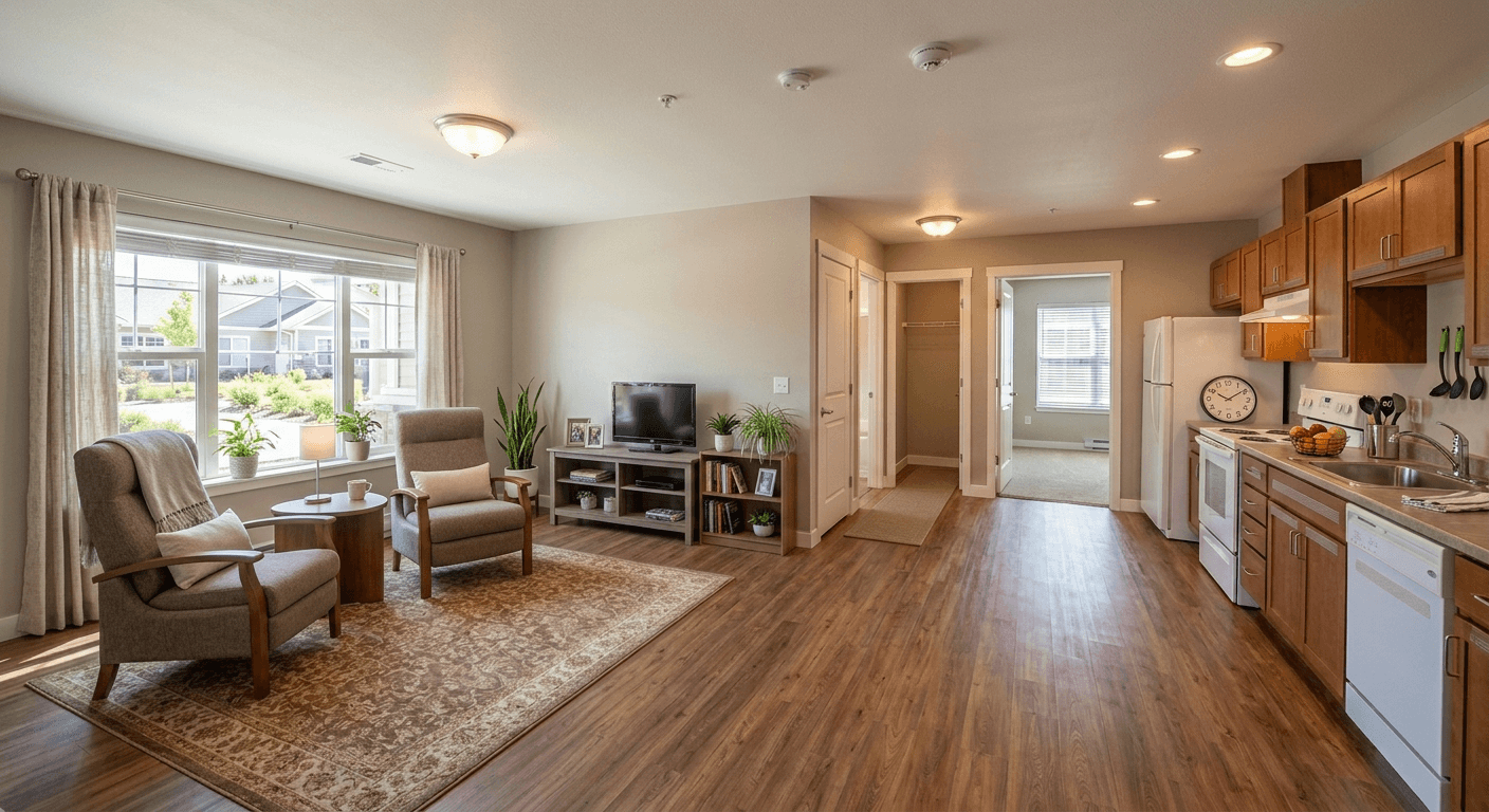 AI virtually staged senior living apartment featuring accessible layout, comfortable furniture, and warm lighting designed for downsizers