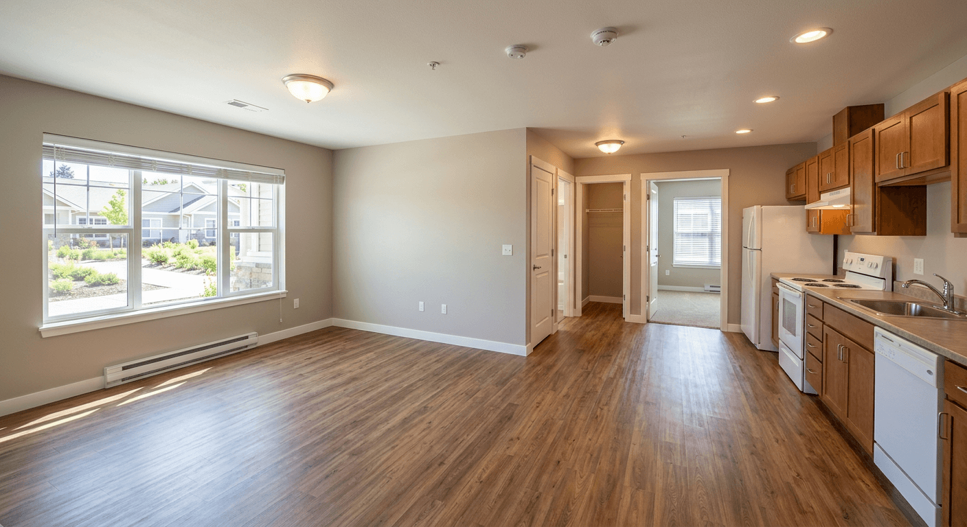 Vacant senior living apartment showing empty space before AI virtual staging