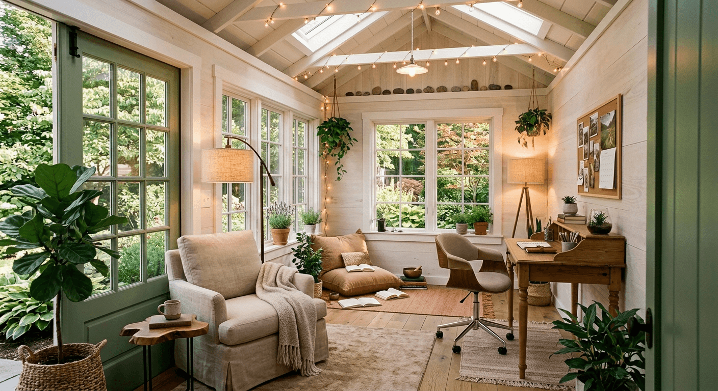 Beautifully staged she-shed and creative studio using AI architecture