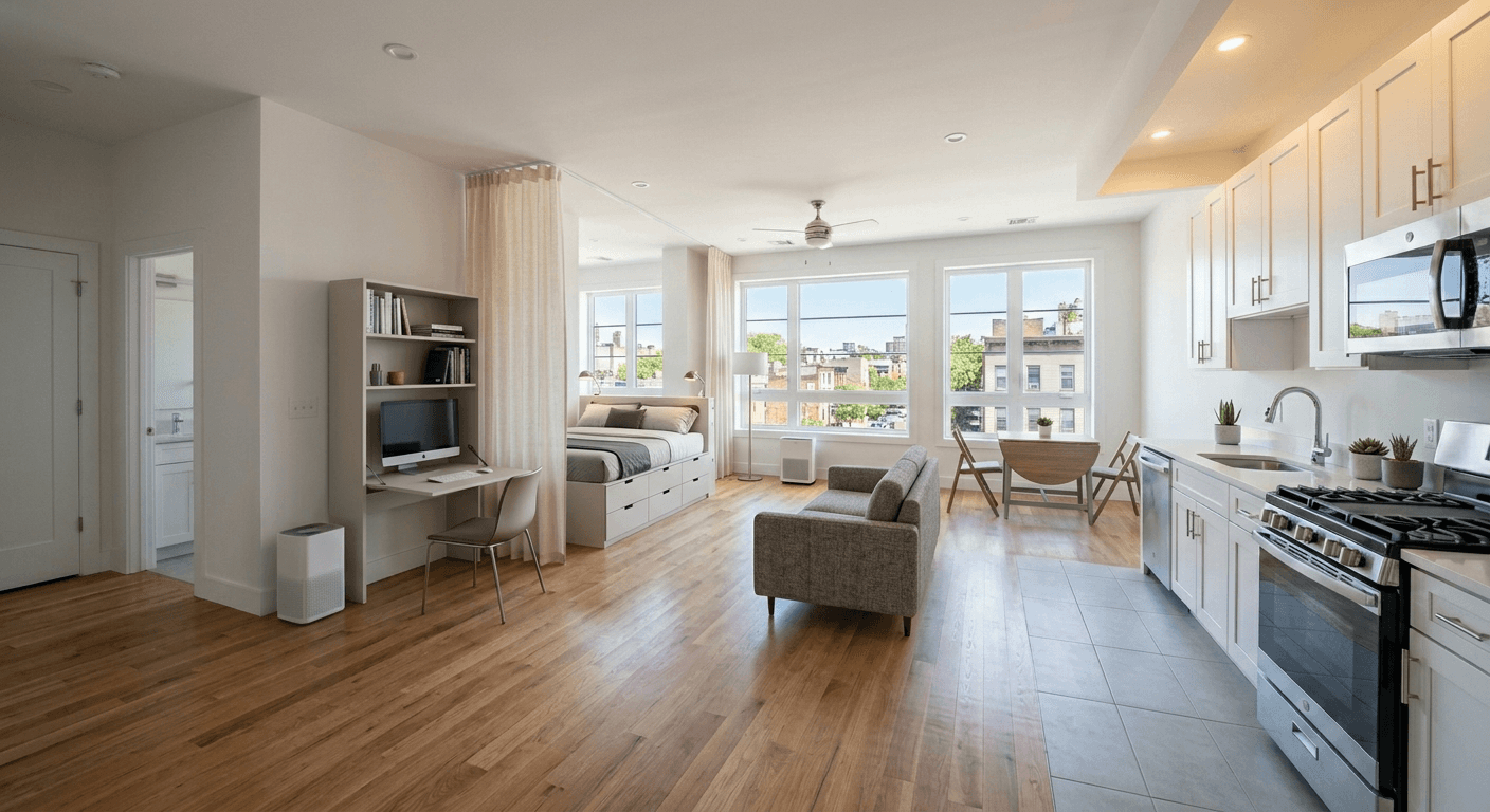 Beautifully designed small studio apartment using AI virtual staging