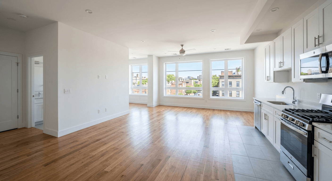 Empty small studio apartment before virtual staging