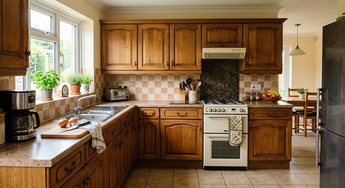 Original kitchen with dark or dated cabinets before AI transformation