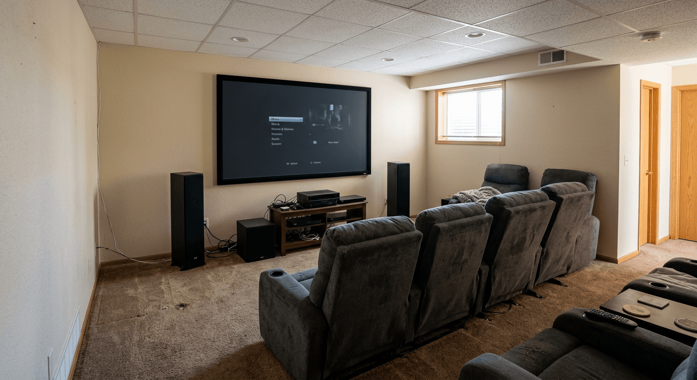 Standard cluttered home theater before AI redesign