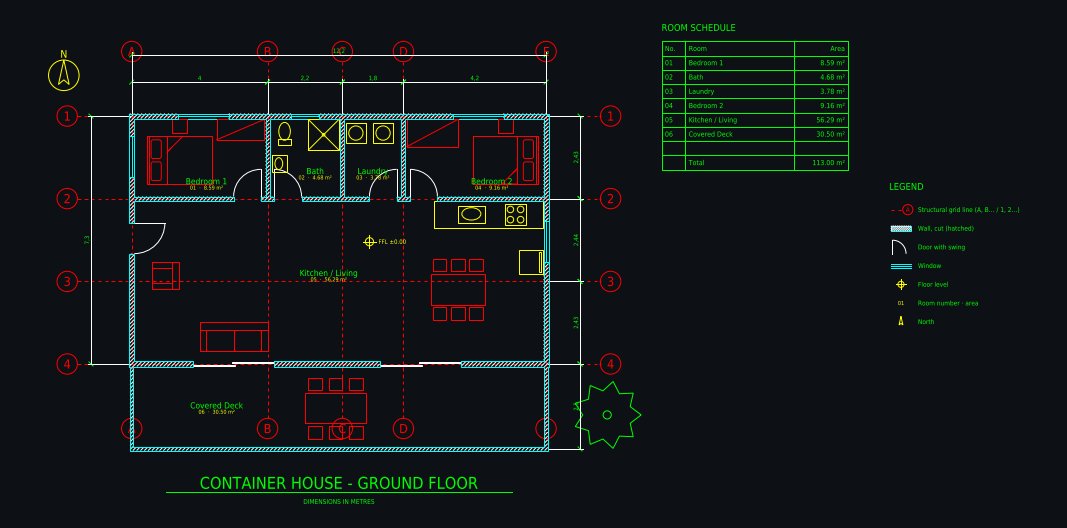 AI-drafted CAD floor plan: Shipping container home 12.2 × 7.3 m