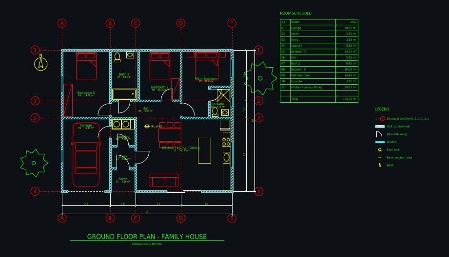 AI-drafted CAD floor plan: Family house 12 × 10 m, 3 bedrooms