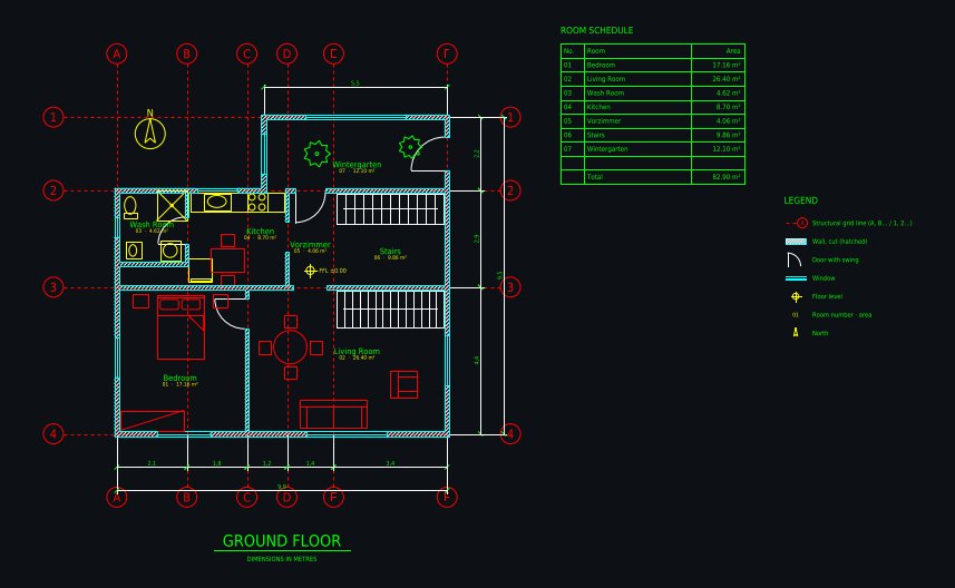 AI-drafted CAD floor plan: Hand sketch → CAD: ground floor with winter garden