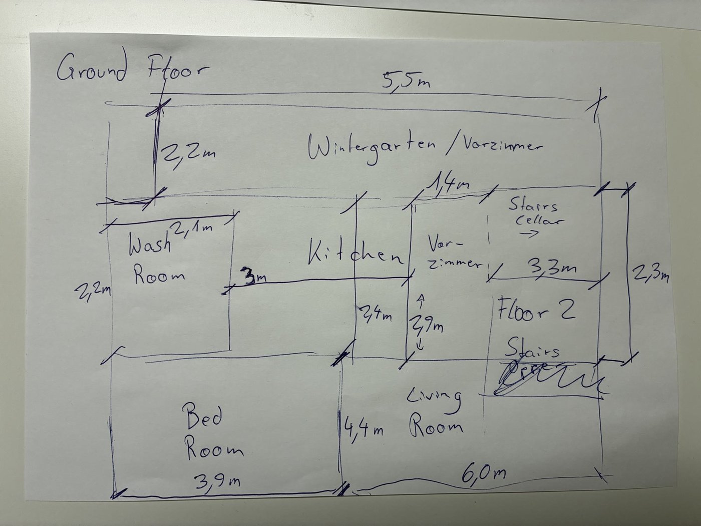 Input: phone photo of a hand-drawn ground floor sketch with handwritten dimensions