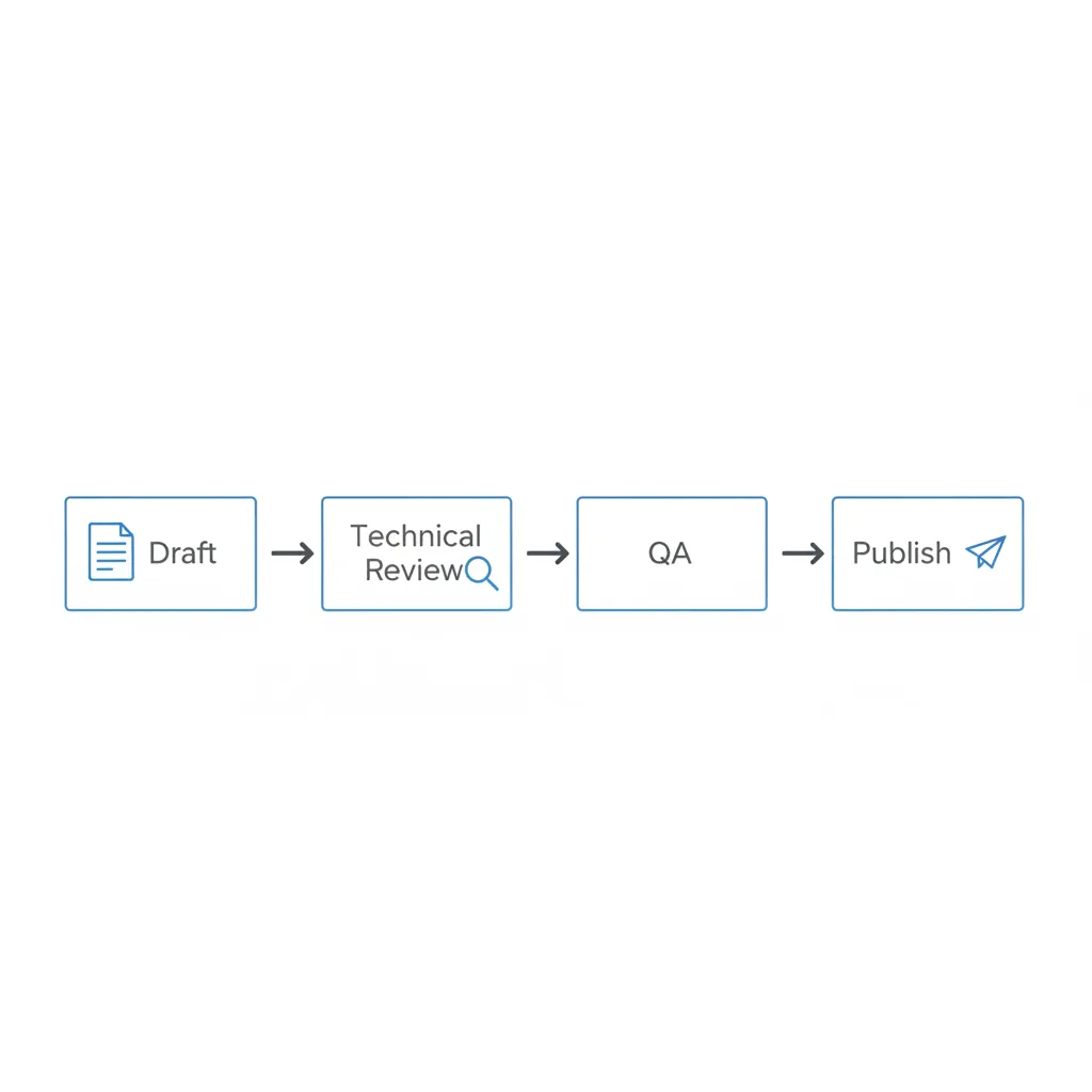 Editorial workflow: draft → review → QA → publish