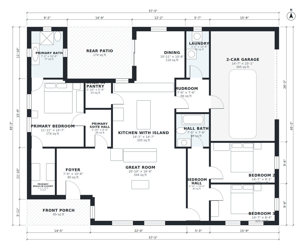 Plano acotado de una casa moderna de una planta con 3 dormitorios generado por Plan Chat