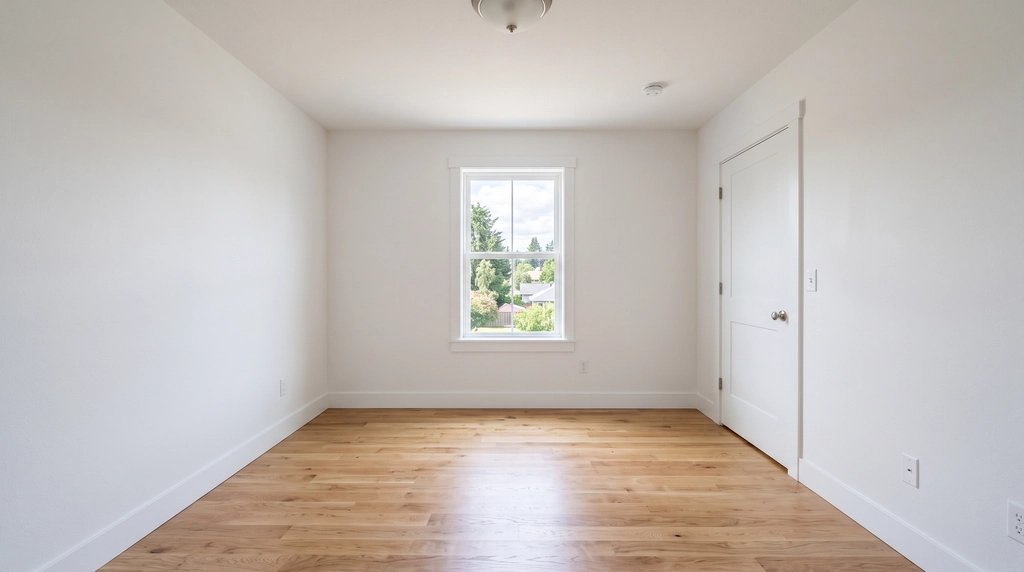 Before: Empty bedroom staged by the Listing Kit in the same modern style as the living room (unretouched output)