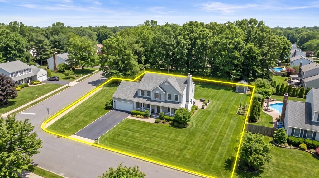 Drone photo with approximate property lines drawn around the lot (unretouched output)