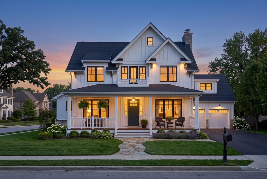 Daytime house exterior turned into a twilight photo with lit windows (unretouched output)