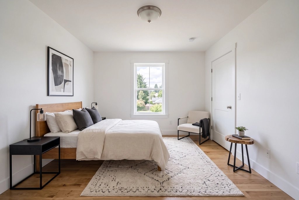 Empty bedroom staged by the Listing Kit in the same modern style as the living room (unretouched output)
