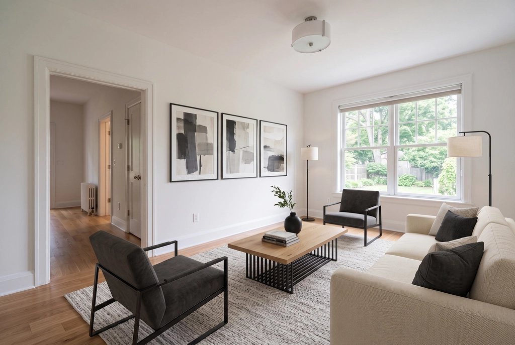 Empty living room staged by the Listing Kit in the gallery style modern (unretouched output)