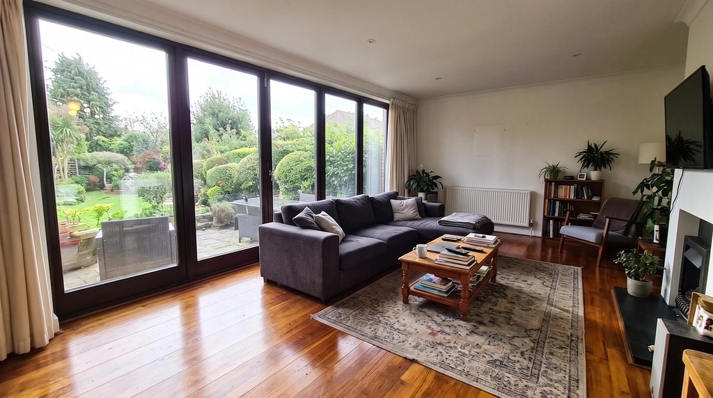 Living room with window glare removed so the garden is visible (unretouched output)