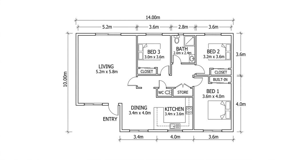 The same plan redrawn clean by the sketch-to-plan tool, with the room labels and dimensions from the sketch