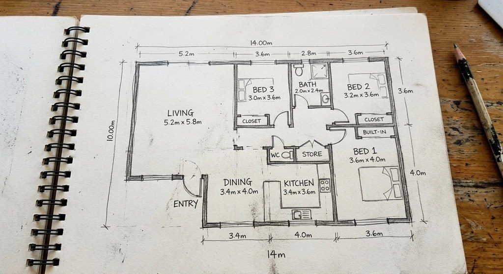 Hand-drawn floor plan sketch in a notebook: living room, three bedrooms, bath, kitchen and dining with metric room sizes