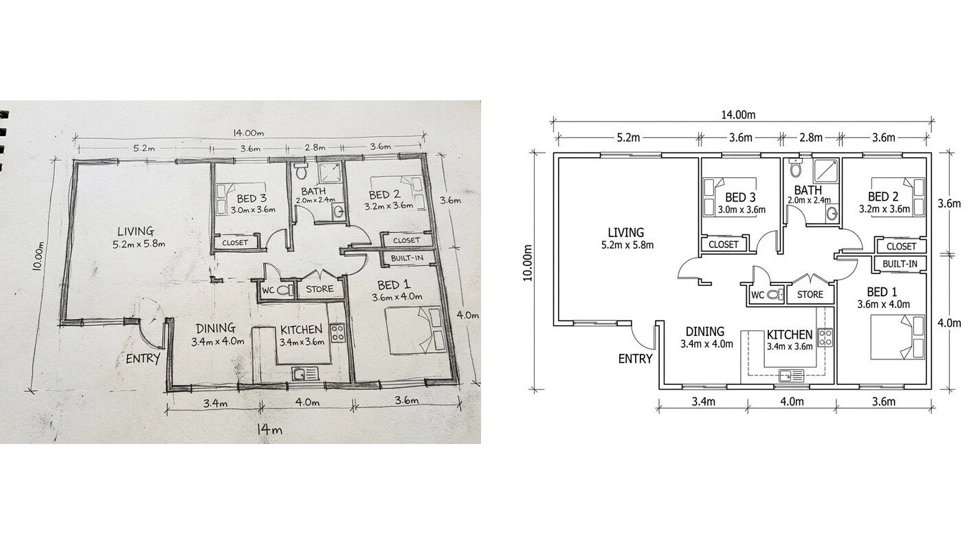 Hand-drawn floor plan sketch with metric room sizes (left) and the same plan redrawn clean with its labels and dimensions (right)